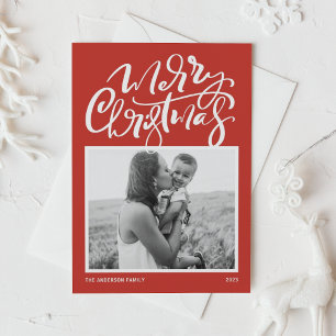 Red Modern Calligraphy Photo Merry Christmas Holiday Card