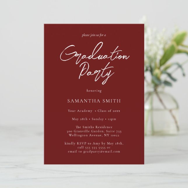 Red Modern Calligraphy Script Graduation Party Invitation (Standing Front)