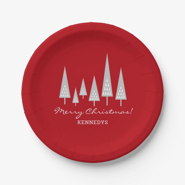 Red Modern Christmas Tree Family Christmas Party Paper Plate (Front)