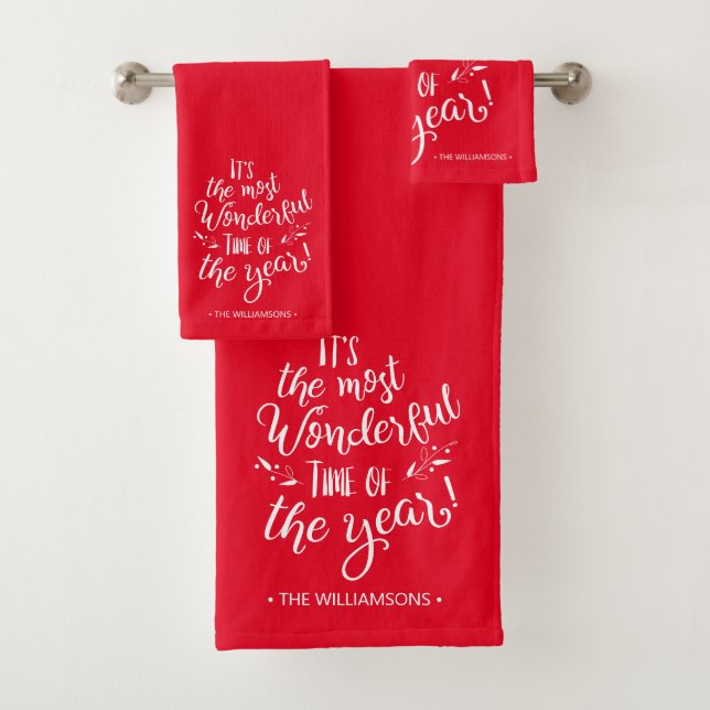 Red Modern Christmas Typography Personalised Bath Towel Set (Insitu)