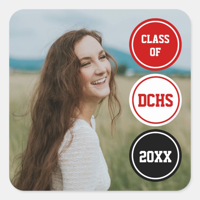 Red Modern Circles Photo Graduation Square Sticker (Front)