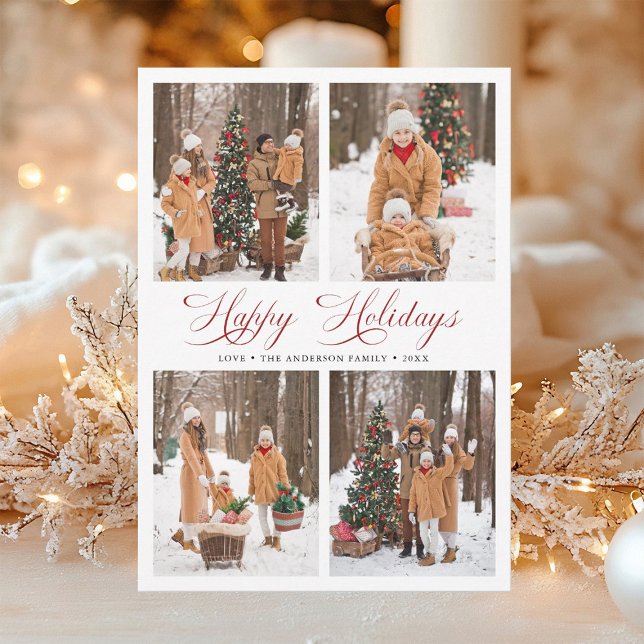Red Modern Elegant Happy Holidays 4 Photo Holiday Card (Creator Uploaded)
