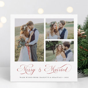 Red Modern Elegant Merry & Married Script 3 Photo  Holiday Card