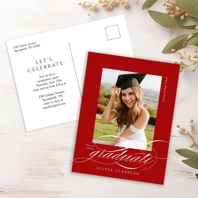 Red Modern Elegant Script Photo Graduation Party Postcard (Creator Uploaded)