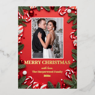 red modern elegant wreath christmas family photo foil holiday card