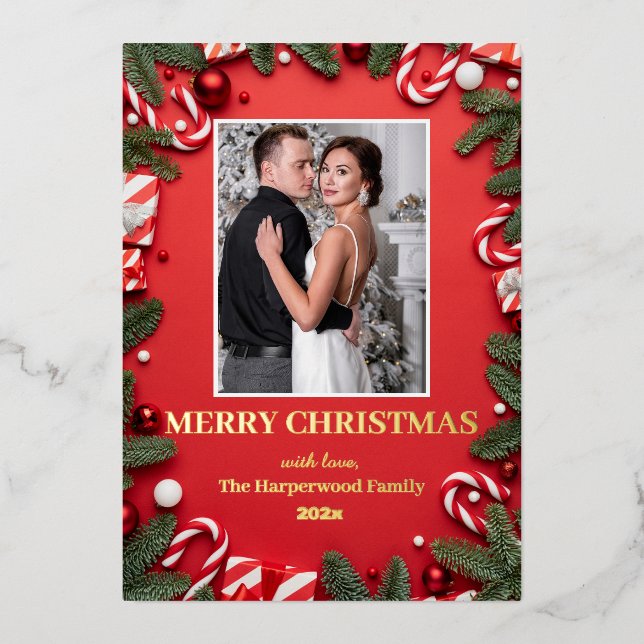 red modern elegant wreath christmas family photo foil holiday card (Front)