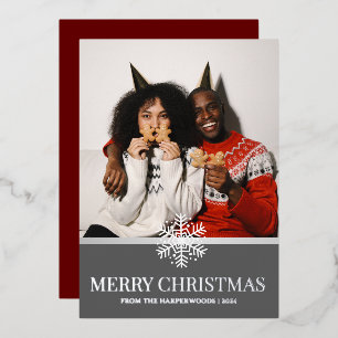 red modern elegant wreath christmas family photo foil holiday card