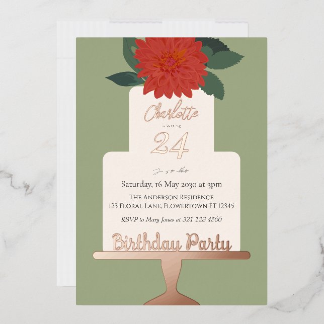 Red Modern  Floral Cake Birthday Party Gold  (Envelope)