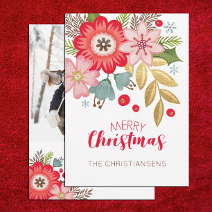 Red Modern Floral Christmas Photo Greeting Card