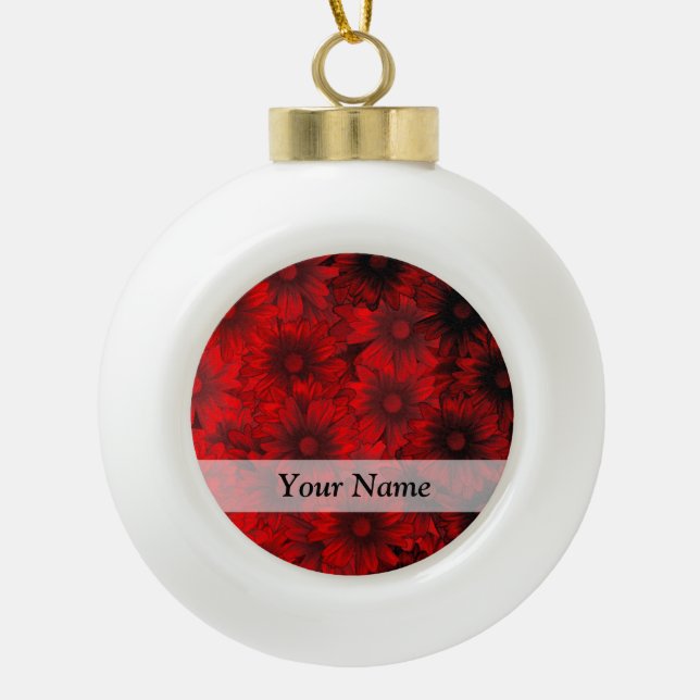 Red modern floral pattern ceramic ball christmas ornament (Front)