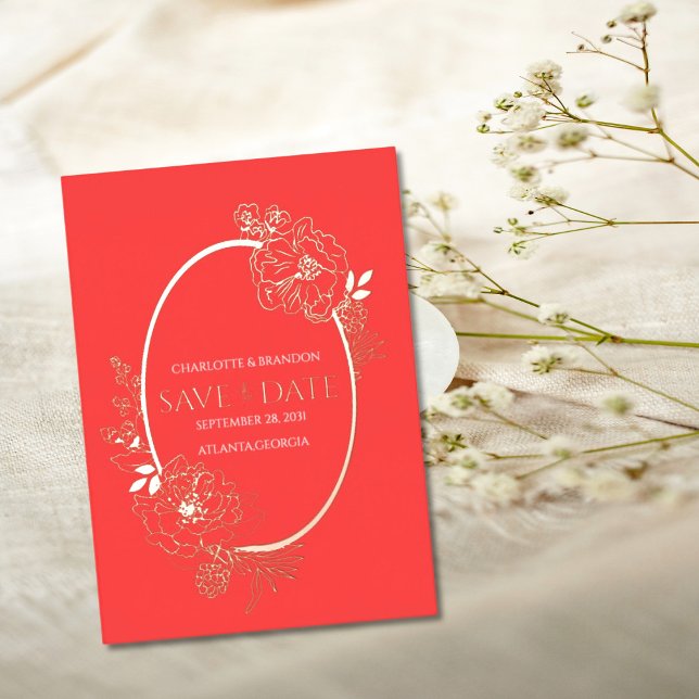 Red Modern Floral Sketch Oval Save the Date (Creator Uploaded)