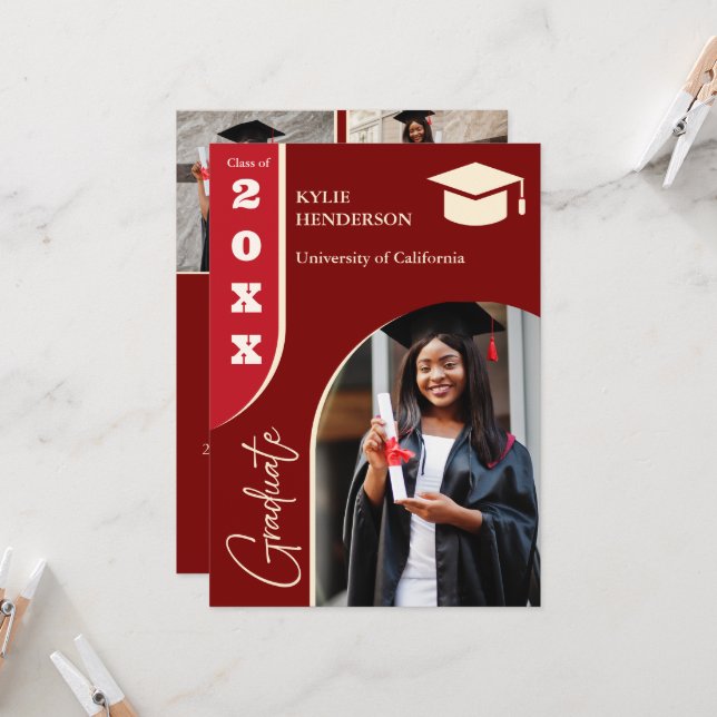 Red Modern Graduation Photo Invitation (Front/Back In Situ)
