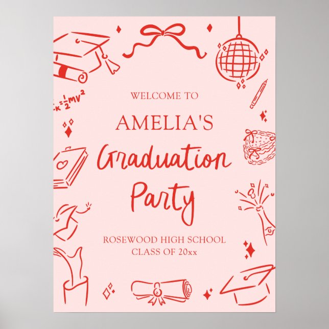 Red Modern Hand Drawn Graduation Party Welcome Poster (Front)