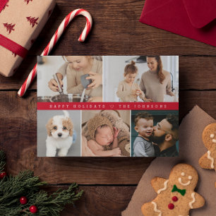 Red Modern Happy Holidays Family Photo Collage Holiday Card