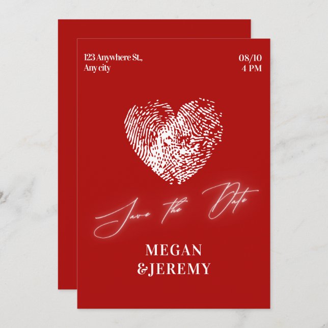 Red modern heart fingerprint wedding  save the date (Front/Back)