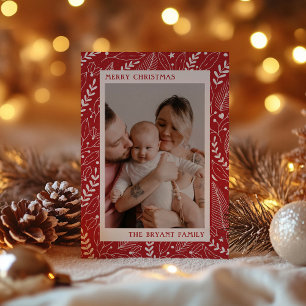 Red Modern Holly and Leaves Artwork Frame Holiday Card