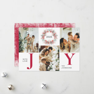 Red Modern Holly Berries 3 Photo Joy Christmas Holiday Card