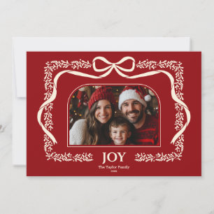 Red Modern Joy Christmas Bow Ribbon Photo Frame Invitation