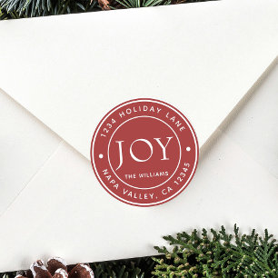 Red Modern Joy Holiday Return Address Classic Round Sticker