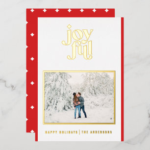Red modern joyful 1 photo foil holiday card
