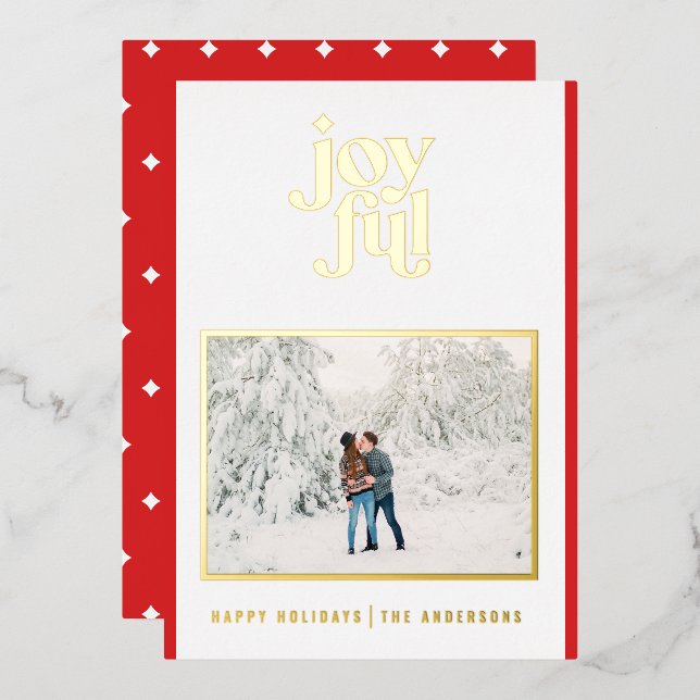 Red modern joyful 1 photo  foil holiday card (Front/Back)
