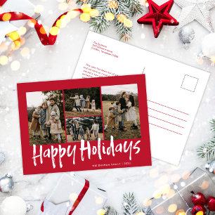 Red Modern Lettering Five Photo Happy Holiday Postcard