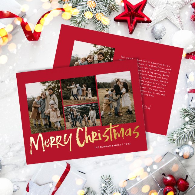Red Modern Lettering Five Photo Merry Christmas  Foil Holiday Card (Creator Uploaded)