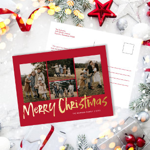 Red Modern Lettering Five Photo Merry Christmas Foil Holiday Postcard