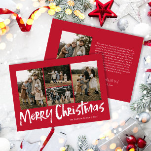 Red Modern Lettering Five Photo Merry Christmas  Holiday Card