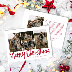 Red Modern Lettering Five Photo Merry Christmas  Holiday Card