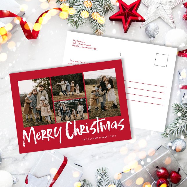 Red Modern Lettering Five Photo Merry Christmas  Holiday Postcard (Creator Uploaded)