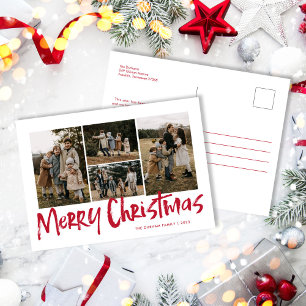 Red Modern Lettering Five Photo Merry Christmas Holiday Postcard