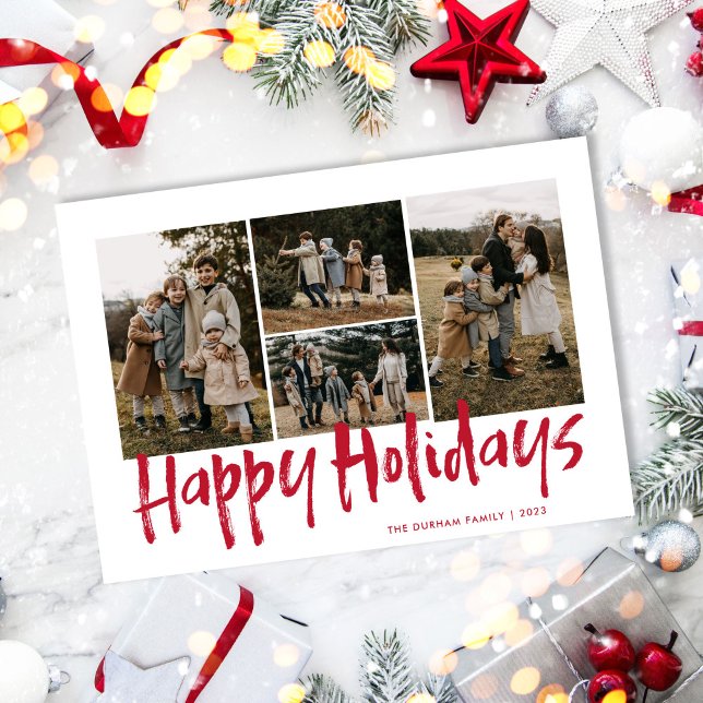 Red Modern Lettering Four Photo Happy Holiday Card (Creator Uploaded)