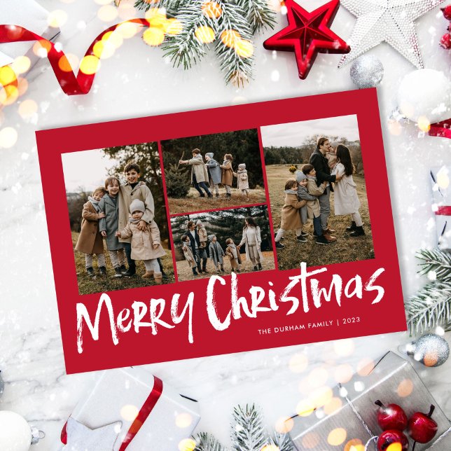 Red Modern Lettering Four Photo Merry Christmas  Holiday Card (Creator Uploaded)