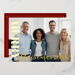Red Modern Merry Christmas Company Logo Photo Gold Foil Holiday Card
