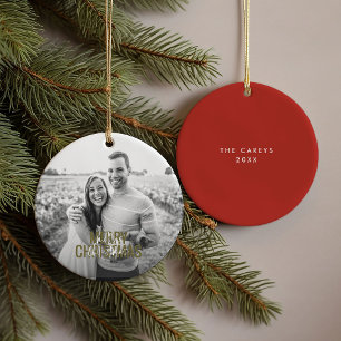 Red Modern Merry Christmas Custom Photo Ceramic Tree Decoration