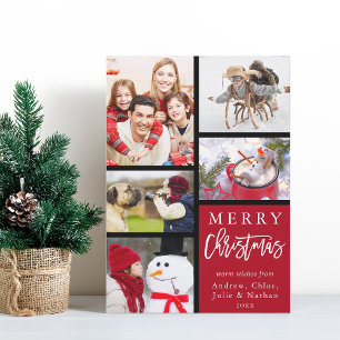 Red Modern Merry Christmas Photo Collage Holiday Card