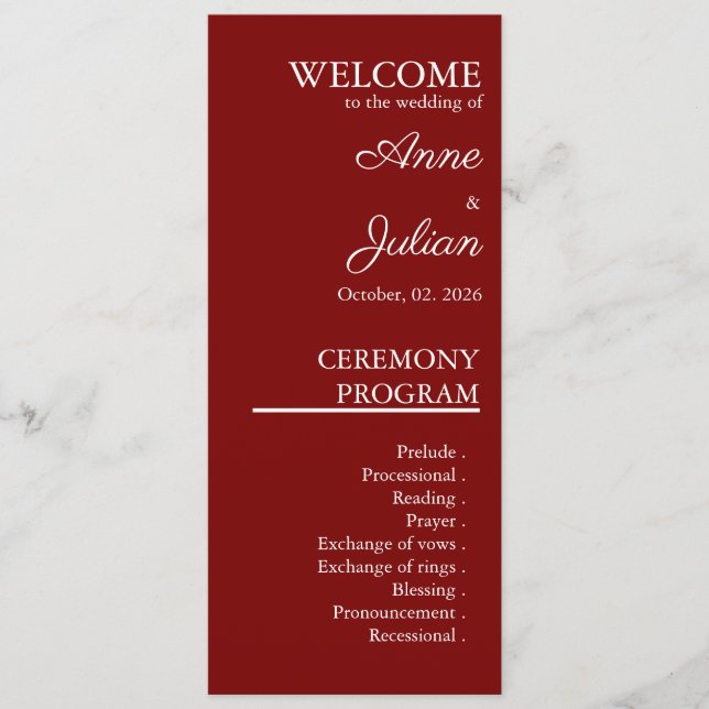 Red Modern Minimalist Bridal Program QR Code Programme (Front)