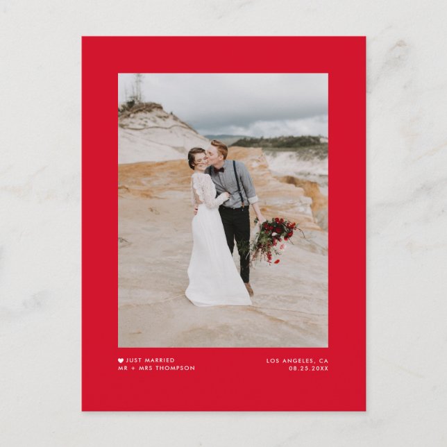 Red Modern Minimalist Just Married Photo Wedding Announcement Postcard (Front)