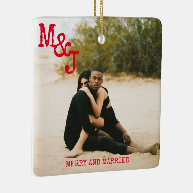 Red Modern Minimalist Merry and Married Photo Ceramic Ornament (Right)