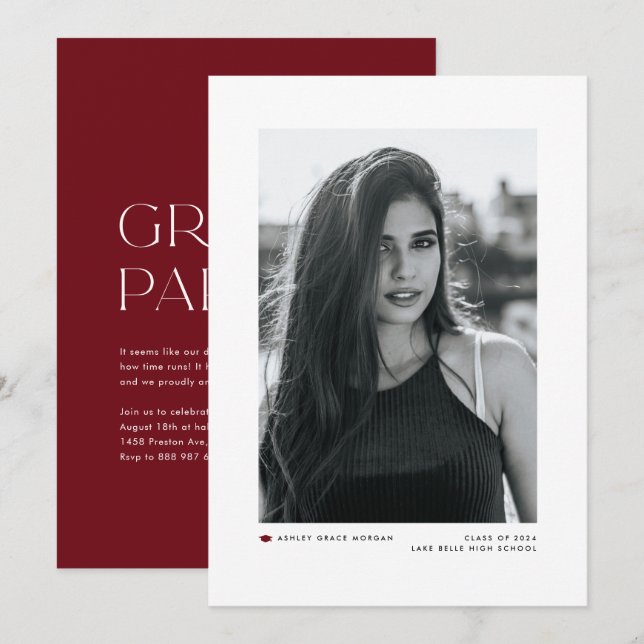 Red Modern Minimalist Photo Graduation Announcement (Front/Back)