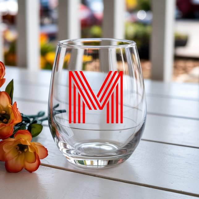 Red Modern Monogram Initial Letter Stemless Wine Glass (Creator Uploaded)