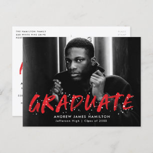Red   Modern Paint Splatter Photo Graduation Party Invitation Postcard