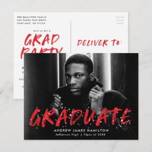 Red   Modern Paint Splatter Photo Graduation Party Invitation Postcard