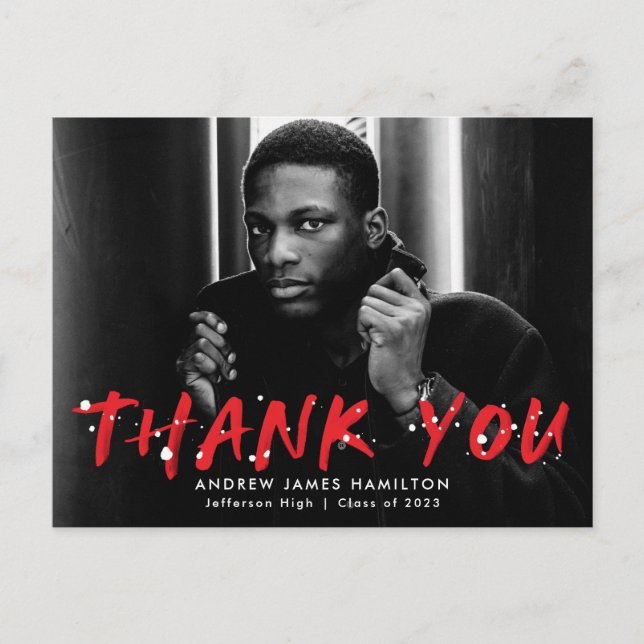 Red | Modern Paint Splatter Photo Thank You Postcard (Front)