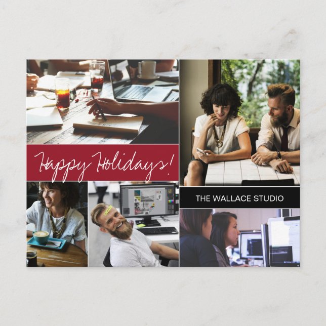 Red Modern Photo Collage Company Holiday Postcard (Front)
