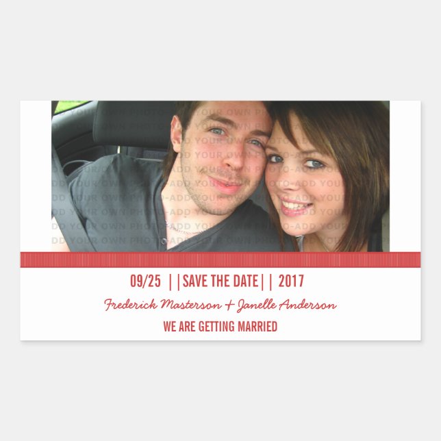 Red Modern Photo Save the Date Stickers (Front)