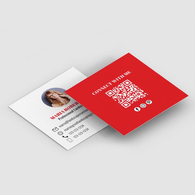 Red Modern QR Code Social Media Photo Square Business Card (Minimalist modern square simple red business card.)