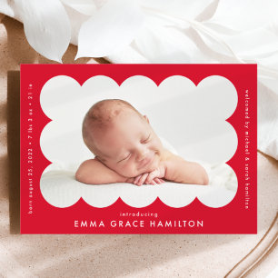 Red Modern Scalloped Photo Frame Birth Announcement