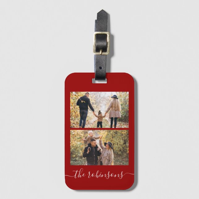 Red Modern Script 2 Photo Collage Luggage Tag (Front Vertical)